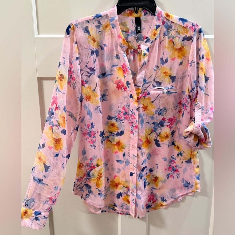 KUT Pink Sheer Floral Blouse with Yellow Accents